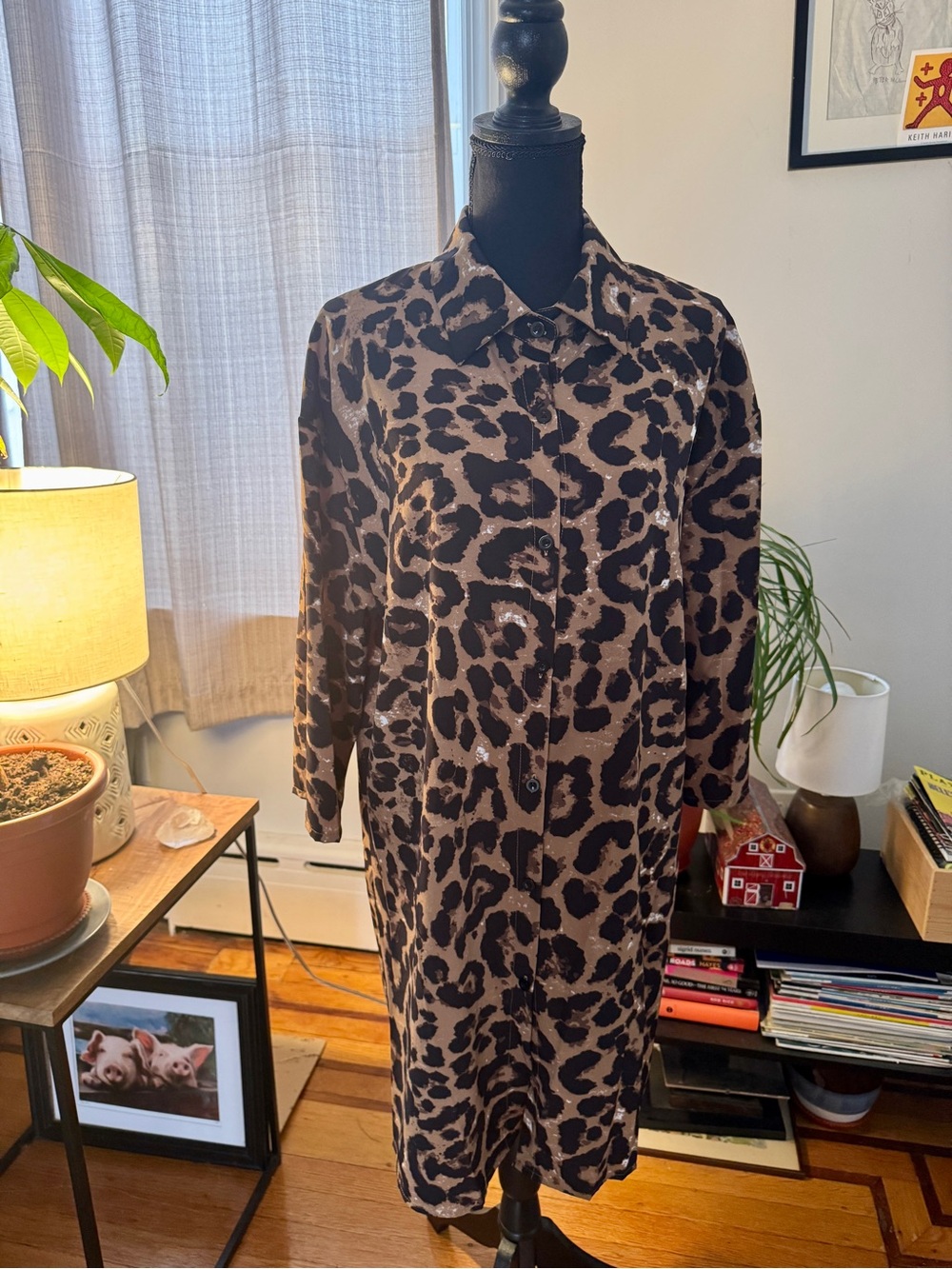 New-Animal Print Button Up Shirt Dress-Brown/Black-Size L- Also a Duster!